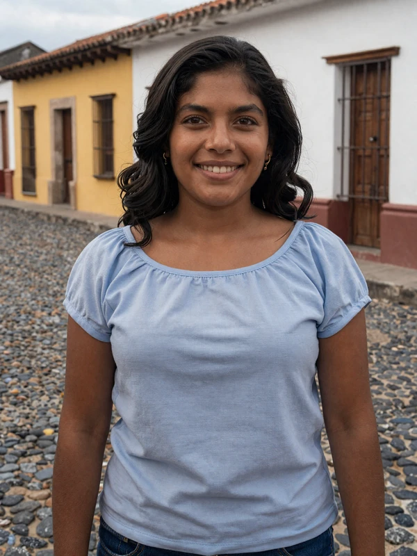 Smiling Salvadoran woman in a colorful colonial street in Suchitoto showcasing warm Central American charm