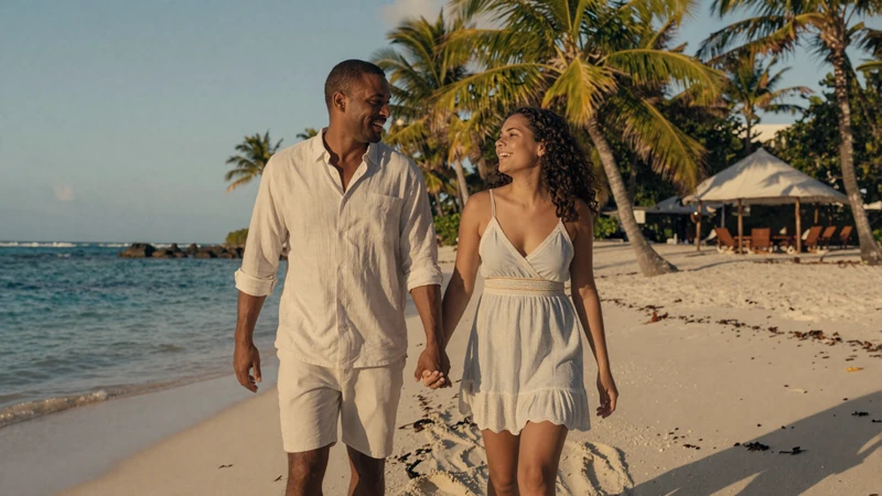 Happy American man and Latina woman walking together on Caribbean beach at sunset
