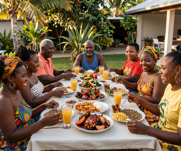 Jamaican family sharing a traditional meal outdoors demonstrating strong family bonding culture
