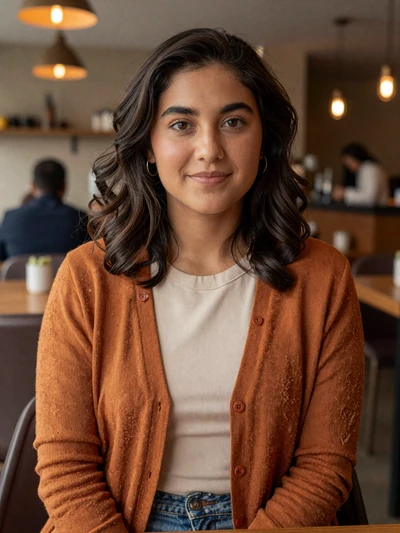 Alejandra, 31-year-old Peruvian woman at a cozy restaurant in Lima
