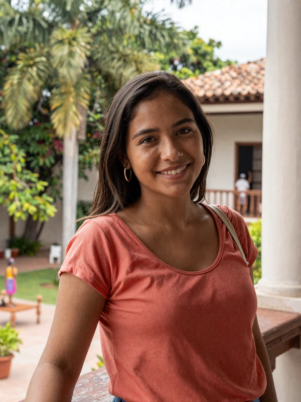 Nicaraguan woman smiling on a colonial balcony in Granada showcasing natural beauty and warmth
