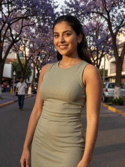Gabriela, 28-year-old Mexican woman standing under jacaranda trees in Mexico City