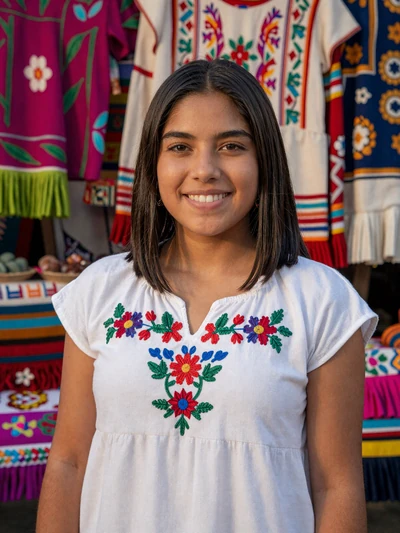 Camila, 24, Mexican woman in embroidered blouse at Guadalajara market