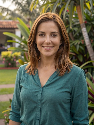 Natalia, 30-year-old Costa Rican woman standing in a tropical garden in San José