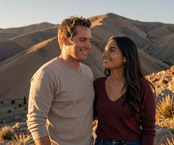 Happy American man and Bolivian woman couple at a scenic mountain overlook in Bolivia