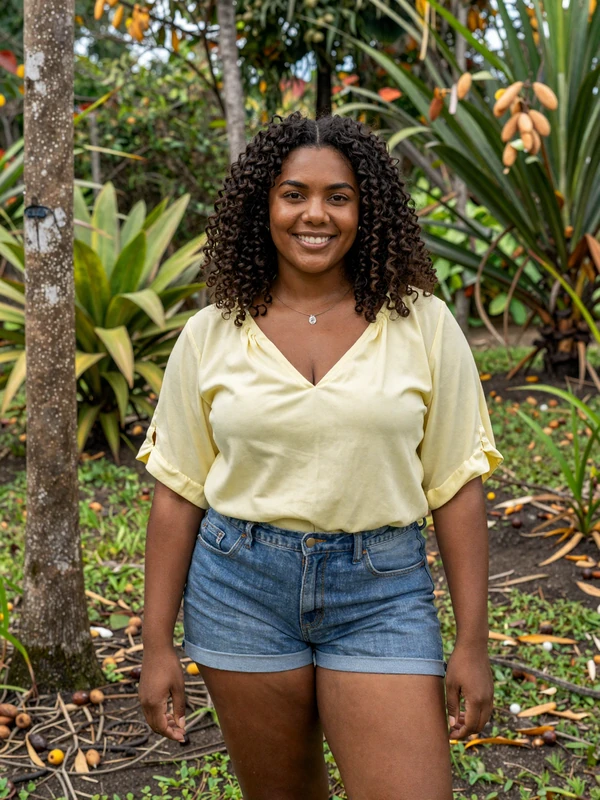 Grenadian woman standing in a tropical spice garden in Grenada showcasing island beauty and warmth