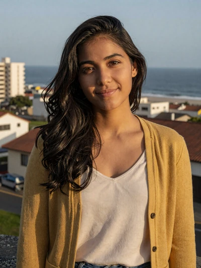 Sofía, 28-year-old Peruvian woman in Miraflores Lima with ocean in background