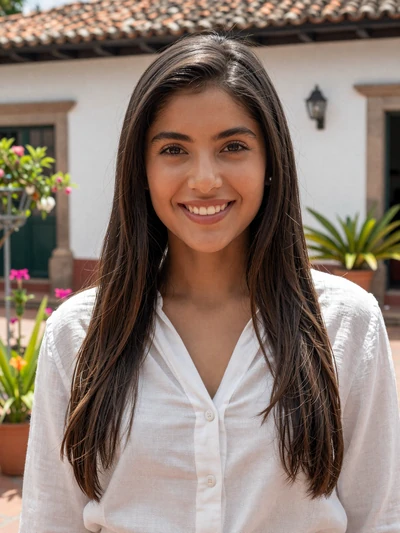Catalina, 26-year-old verified Colombian woman smiling in a sunny Bogotá courtyard