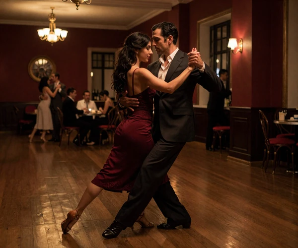 Couple dancing tango in a traditional Buenos Aires milonga showcasing Argentine romantic culture