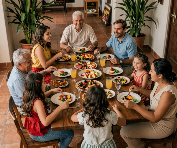 Colombian family sharing a traditional meal together in a warm home setting