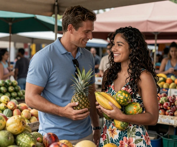 Happy couple exploring a Costa Rican farmers market showcasing Tico dating culture and Pura Vida lifestyle