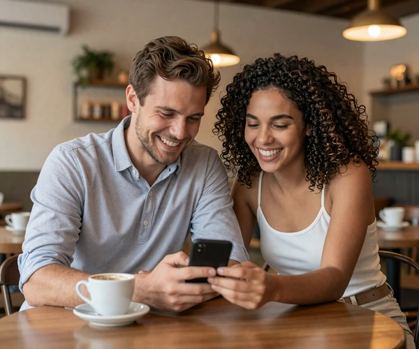 American man and Brazilian woman communicating happily at a cafe using phone translation