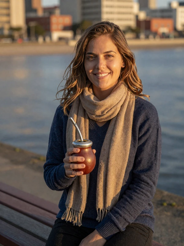 Uruguayan woman sharing mate on Montevideo Rambla waterfront showcasing authentic dating culture