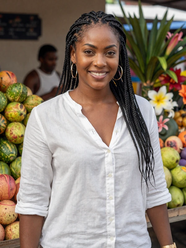 Beautiful Jamaican woman in white linen blouse smiling confidently in a colorful Caribbean market