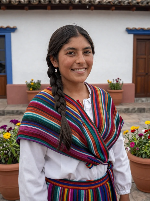 Beautiful Bolivian woman wearing traditional aguayo textile in colonial Sucre courtyard showcasing indigenous pride