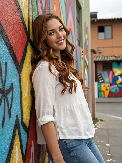 Catalina, 24-year-old Colombian woman leaning against colorful street art in Medellín