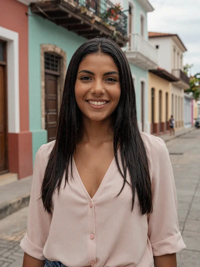 Daniela, 24-year-old Dominican woman on a colonial street in Santo Domingo