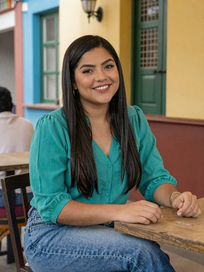 Valentina, 27-year-old verified Colombian woman at a colorful Medellín cafe