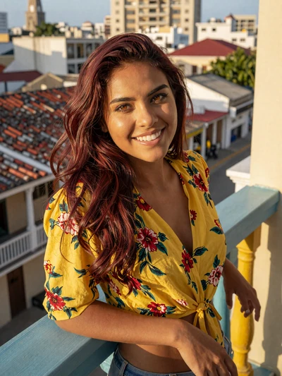 Isabella, 28-year-old verified Colombian woman on a colorful Barranquilla balcony