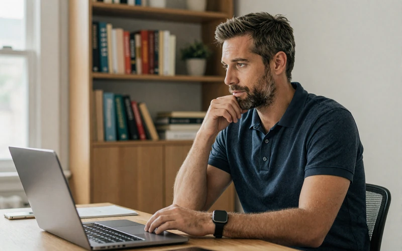American man carefully reviewing a dating profile on his laptop in a home office setting