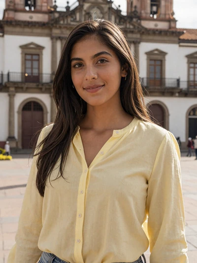 Valentina, 26-year-old Colombian woman smiling in a sunlit Bogotá plaza