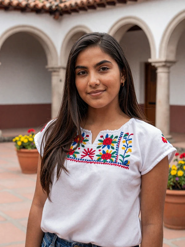 Beautiful Peruvian woman in white embroidered blouse smiling in a colonial courtyard in Arequipa
