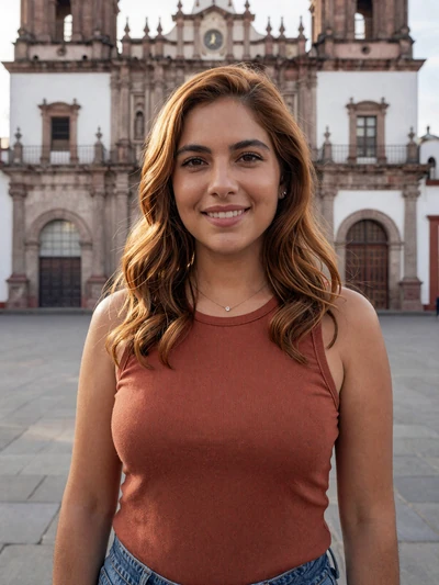 Valentina, 30-year-old Mexican woman on a Guadalajara plaza wearing a terracotta top