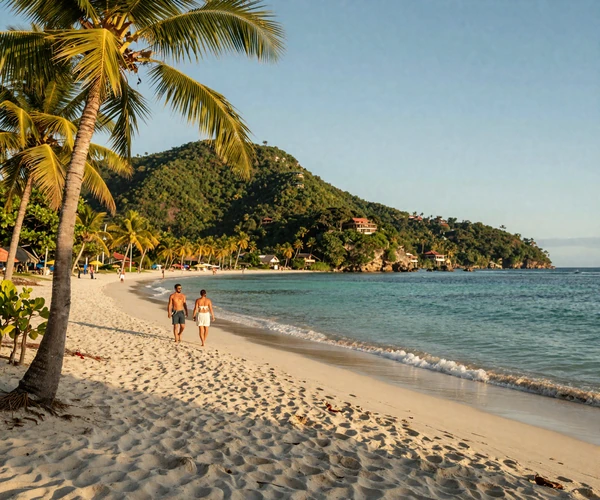 Grand Anse Beach in Grenada where couples walk along turquoise Caribbean waters